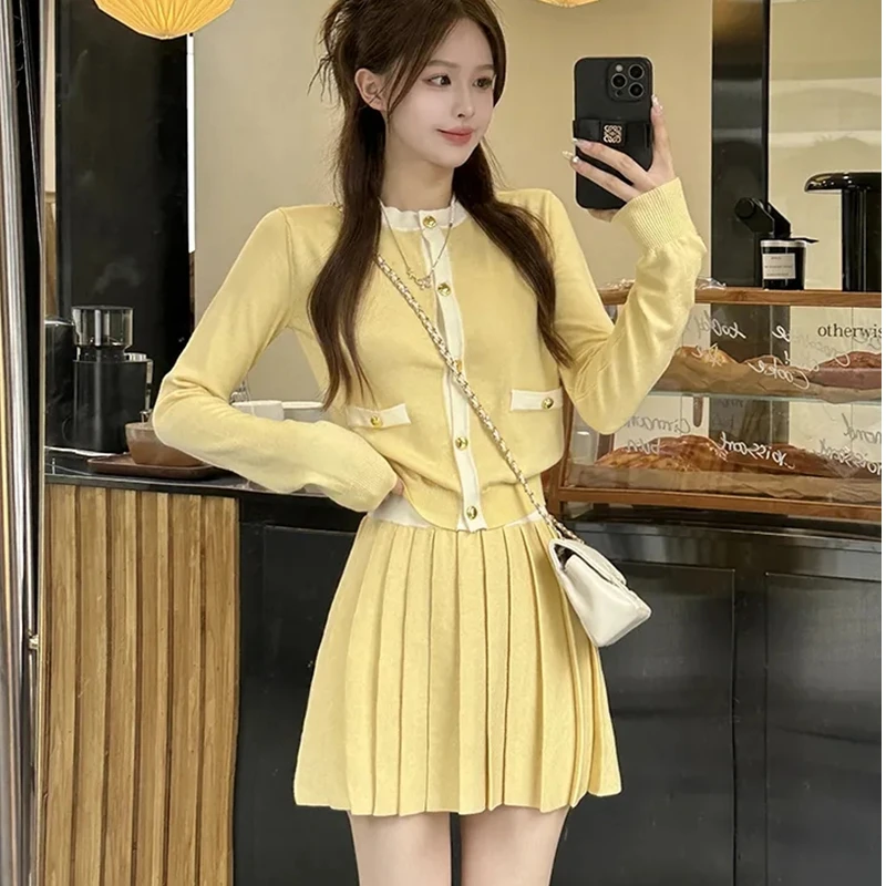 Women Spring Autumn Sweet Knit Matching Sets Japan Korean Preppy Style Thin Sweater Cardigan Mini Skirts Outfits Coat Skirt Suit