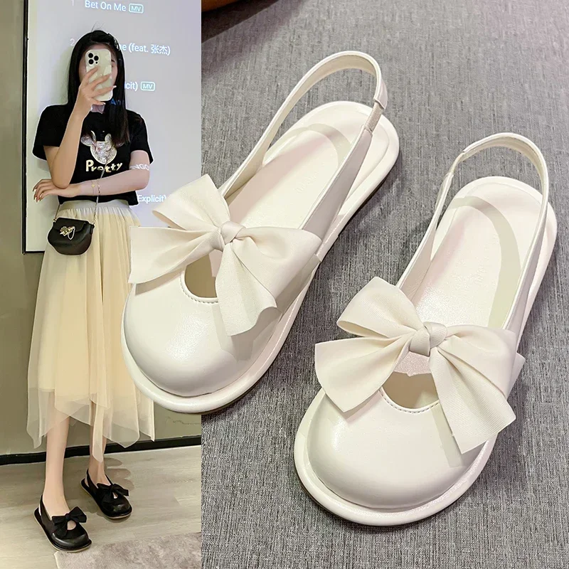 Fashion Casual Mary Jane Toe Sandals Fairy Wind 2022 Summer New Trendy Bow All-match Niche Flat Sandals Simple Women\'s Shoes