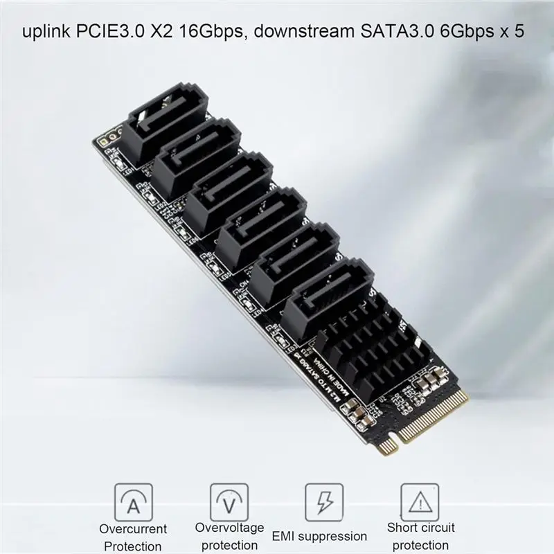 AT42 M.2 to SATA3.0 Adapter Card, PCB 6Gbps High Speed ASM1166 M.2 PCIE to SATA Expansion Card Support 6 SATA Devices