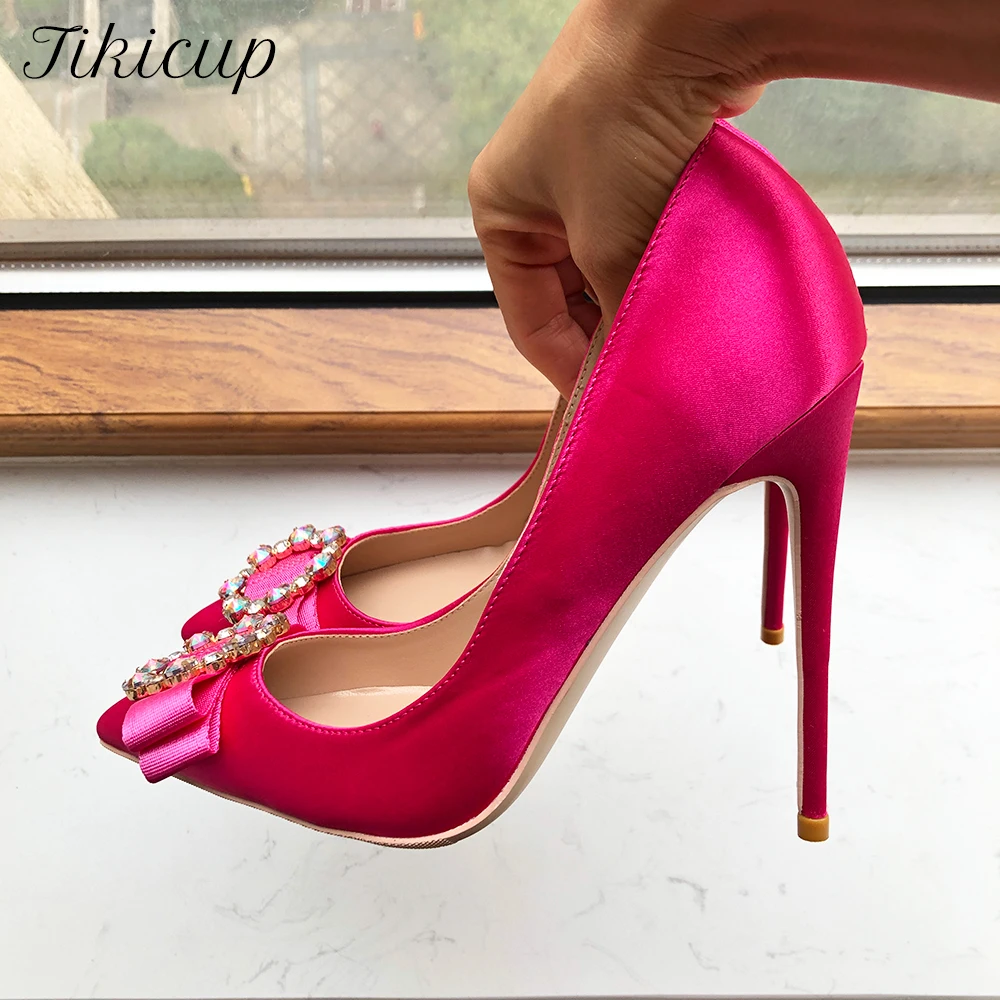 Tikicup Fuchisia Pink Satin Women Pointy Toe HIgh Heel Shoes with Bow Decor Wedding Bridal Dress Stiletto Pumps 8cm 10cm 12cm