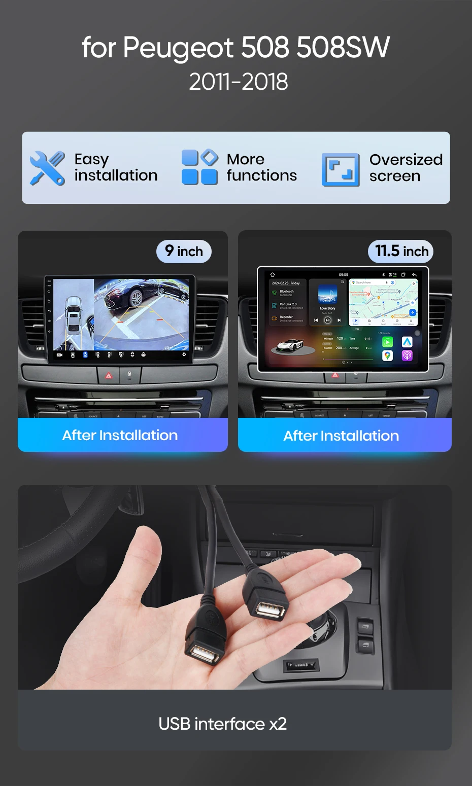 Junsun Android Auto Autoradio für Peugeot 508 SW 2011 2012-2015 2016 2017 2018 Multimedia Wireless Apple CarPlay Smart Intelligent Systems IPS Touchscreen Stereo Video Player 2 Din Autoradio Head Unit Navigation BT GPS 4G WIFI FM AM DSP RDS SWC – Detail 2