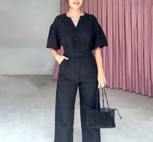 

Jumpsuit Women 2025 Spring Summer New Solid Color Short Sleeved V-Neck Lace Up Casual High Waist Pocket Design Long Jumpsuit