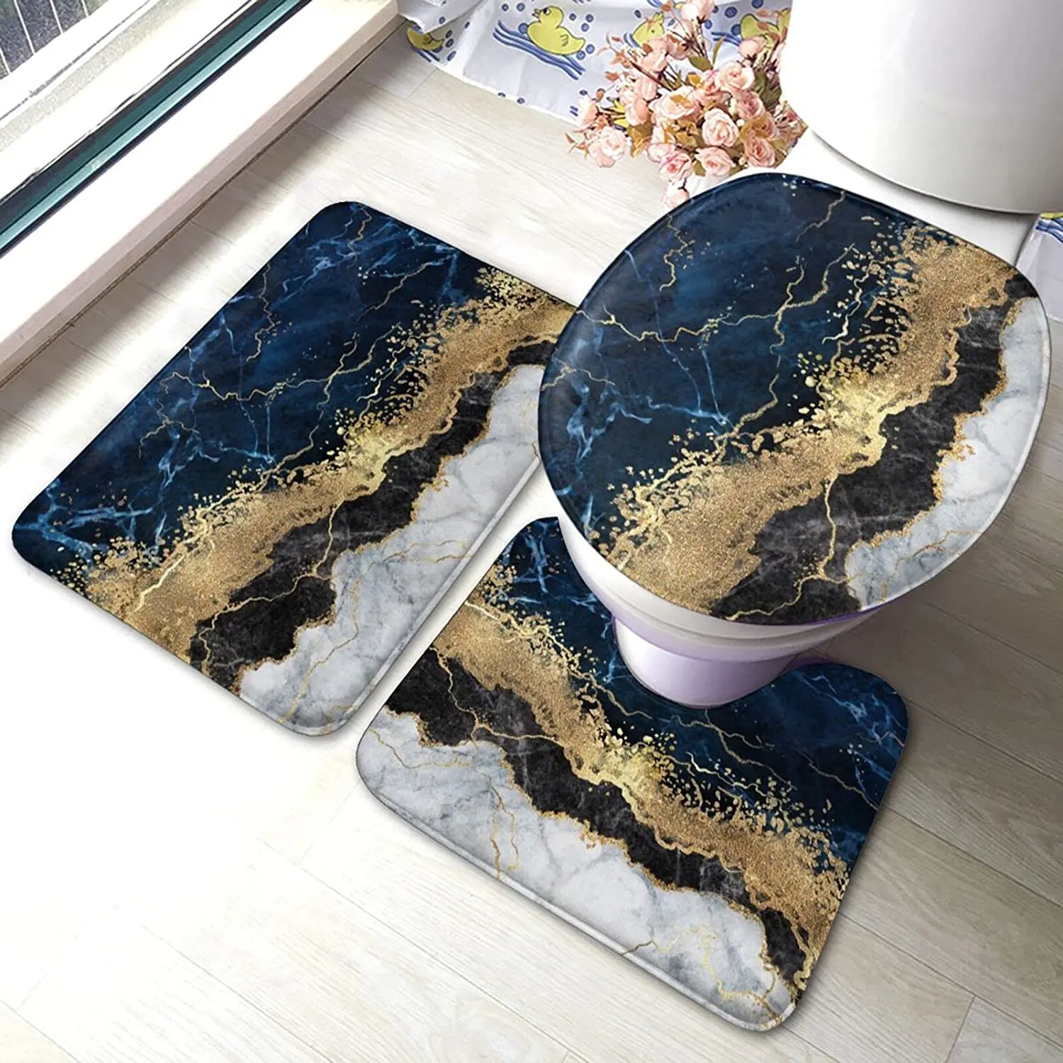 Bath Mat for Bathroom Rugs Navy Blue Marble Gold Abstract Sets 3 Piece Shower Mats Memory Foam Non Slip Toilet Tub Floor Rug