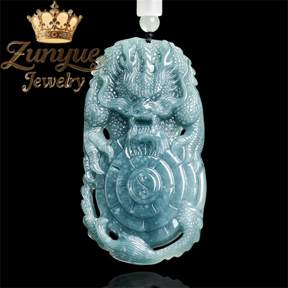 

Natural A-Grade Jadeite Blue Water Tai Ji Bagua Dragon Pendant Grand Zodiac Dragon Pendant Ice-Type Jade Men's Fine Jewelry