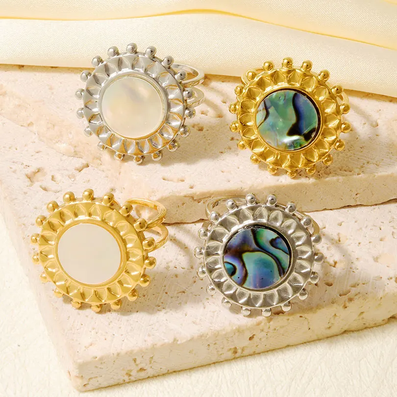 خمر جولة البيضاوي مربع أذن البحر الطبيعية قذيفة الدائري الفولاذ المقاوم للصدأ مفتوحة قابل للتعديل خواتم الاصبع مجوهرات هدايا للنساء الفتيات #4