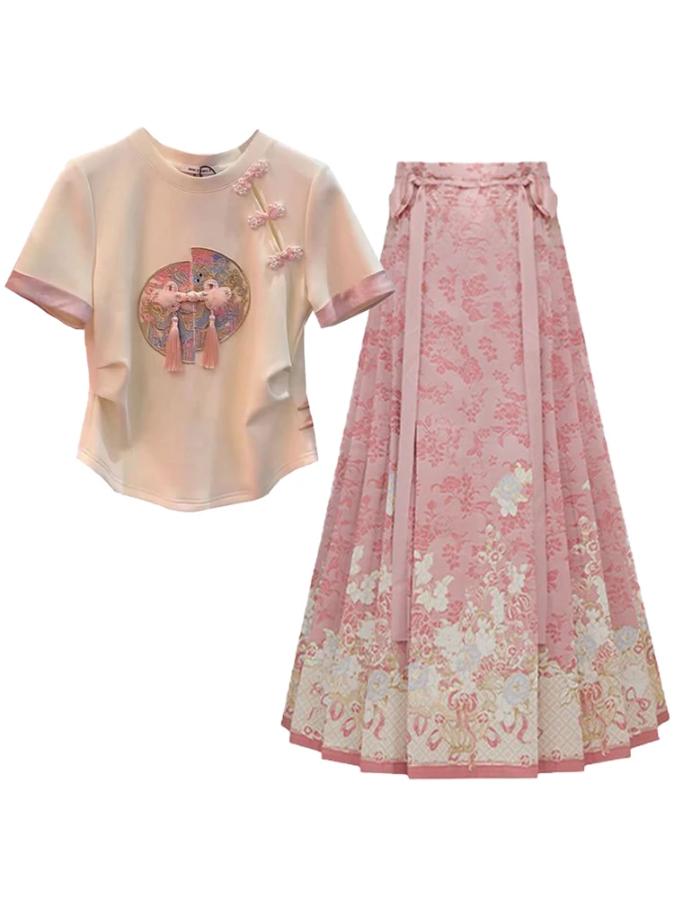 

Summer New Chinese Sle National Trend Set Women's Reformed Hanfu Waist Cinching ort Sve Top Pink Slimming Tailed...