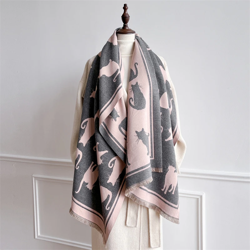 

Winter Pink Cat Pattern Scarf Cashmere Women Jacquard Pashmina Design Wrap Female Thick Blanket Soft Bufanda Shawl Kerchief