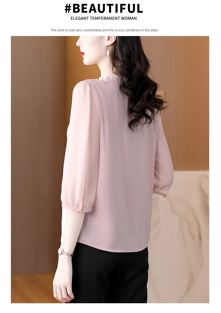 Silk Pink Solid Women\'s Top Chiffon Shirt 2023 Spring/Summer New O-Neck Silk Shirt Breathable Lightweight Shirt Small Shirt