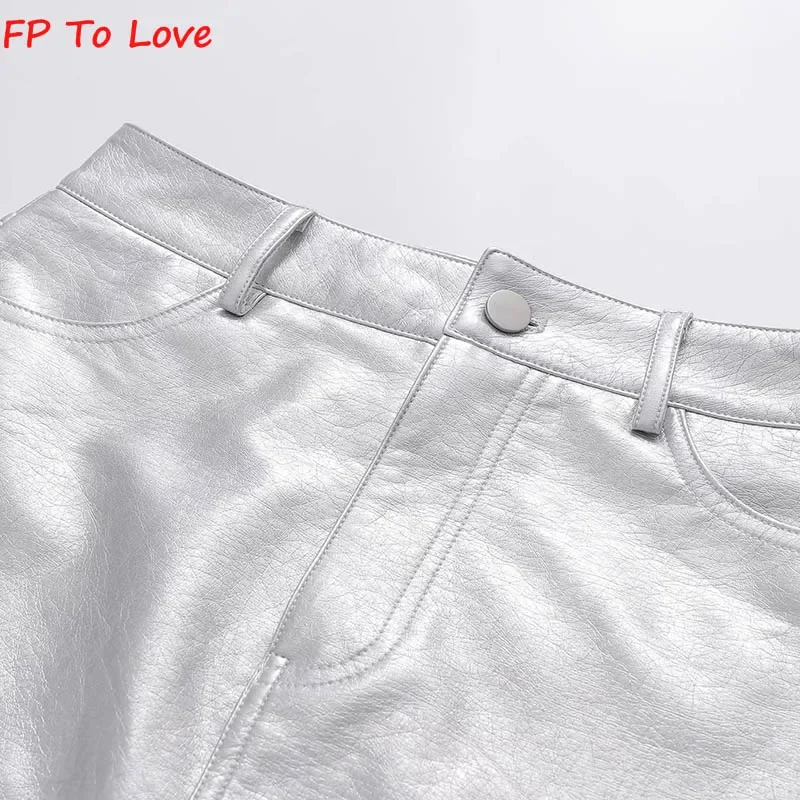 FP To Love-프렌치 실버 PU 미니 스커트, 메탈릭 섹시 하이 웨이스트 힙 스커트 시크 레트로 쇼트 a-라인 메탈