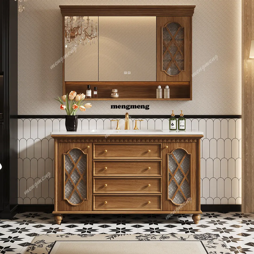 

Интегрированная раковина из Corian, шкаф для ванной комнаты в французском ретро-стиле из орехового дерева, изготовленный на заказ, с отделкой из каучукового дерева.