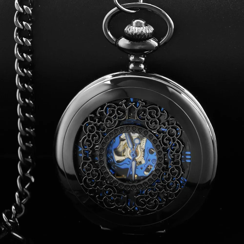 Montre de Poche Mécanique Rétro Noire pour Homme et Femme, FOB, Main, Vent, Double Hunter, Chiffre Romain, PJX1742