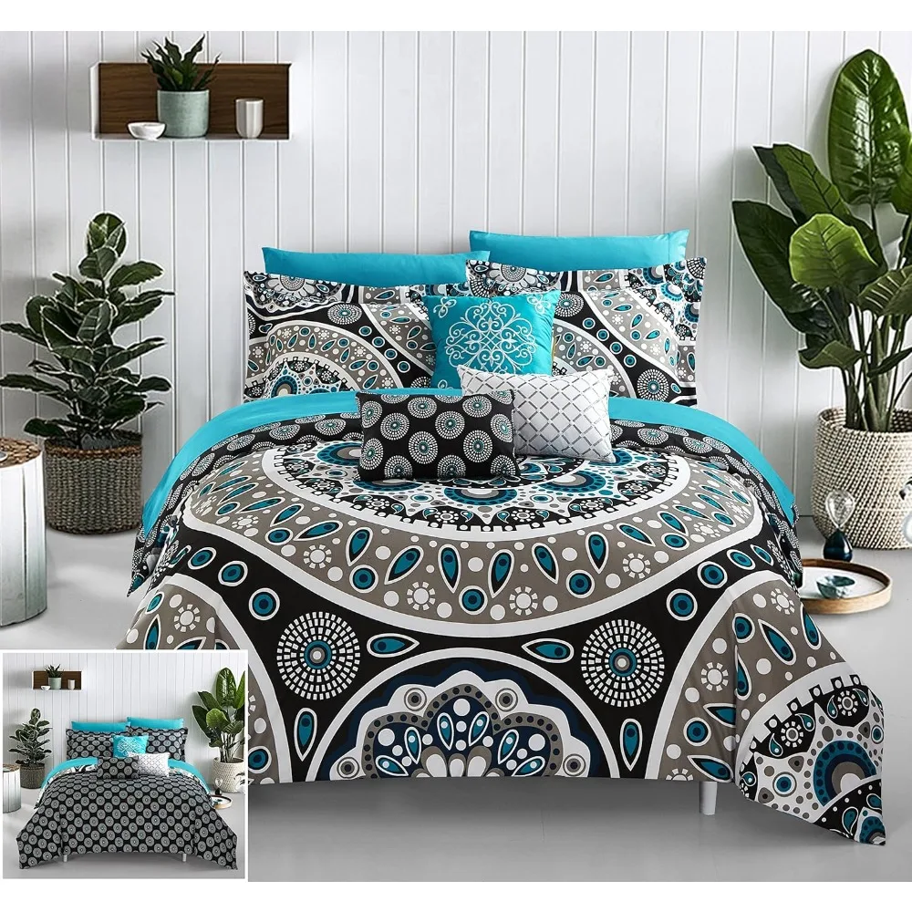 

Bedding - Comforter, Pillow Shams, Fitted Bed Sheet, Flat Sheet and Decorative Pillow, Boho Paisley Microfibe, Bed Sheet