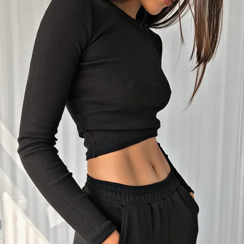 O Neck Long Sleeve Shirt Women Ribbed Sexy Cropped Tops 2023 Spring Black Casual Skinny Slim Basic Woman T Shirts White image 2