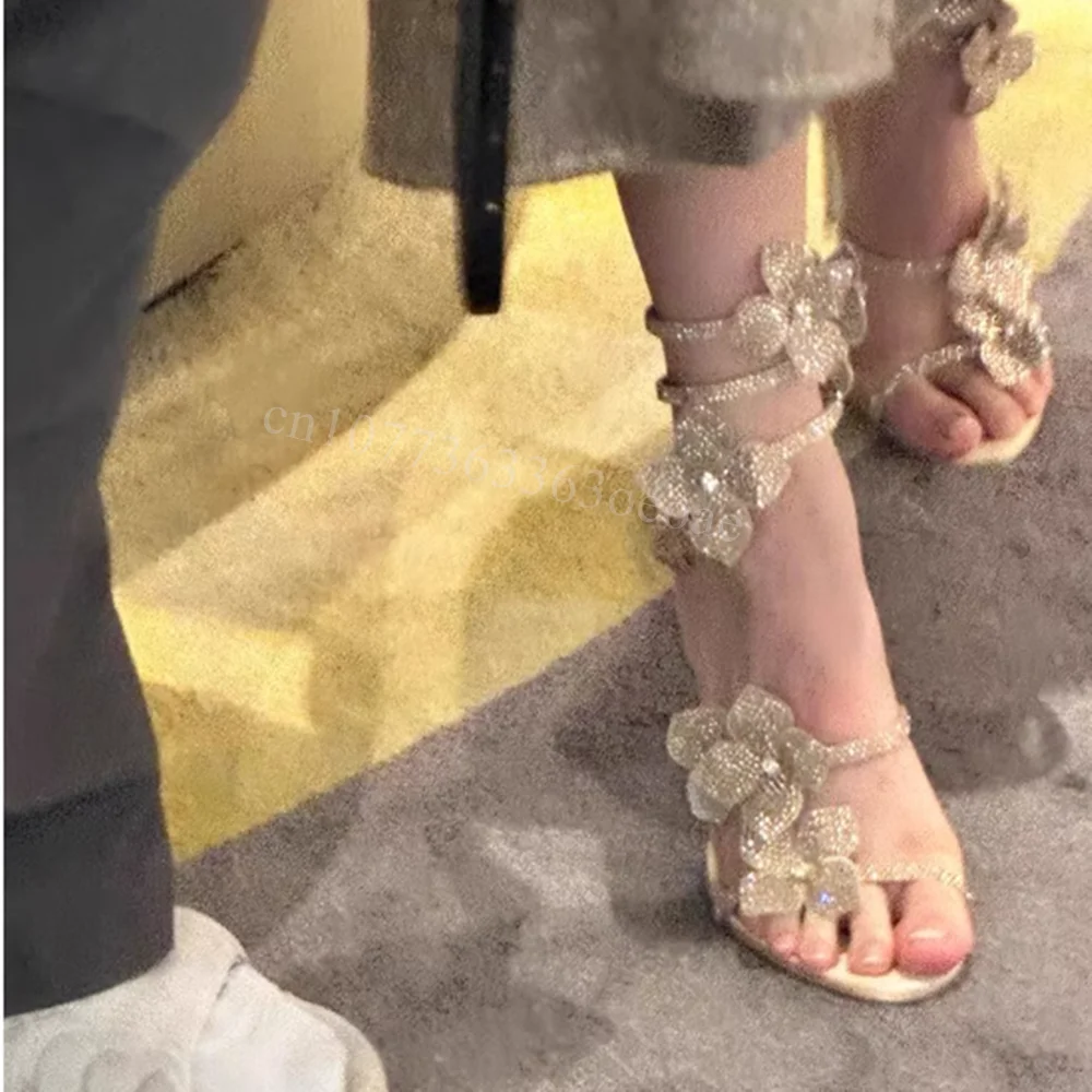 

Shining Lace up Sandals Sexy Rinestone Flower Shoes for Women Thin High Heels Fashion Shoes Summer 2025 Zapatos Para Mujere