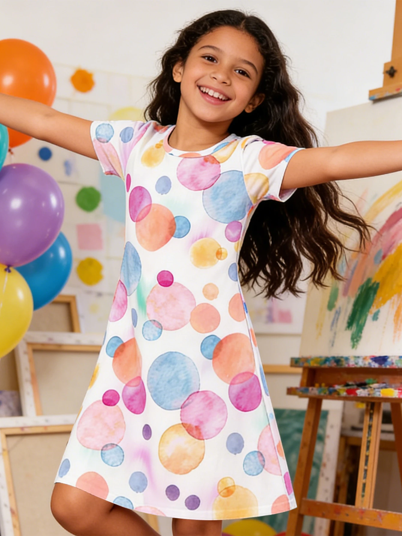 

2026 Colorful Watercolor Polka Dot Print Summer Short Sleeve Dress for Kids