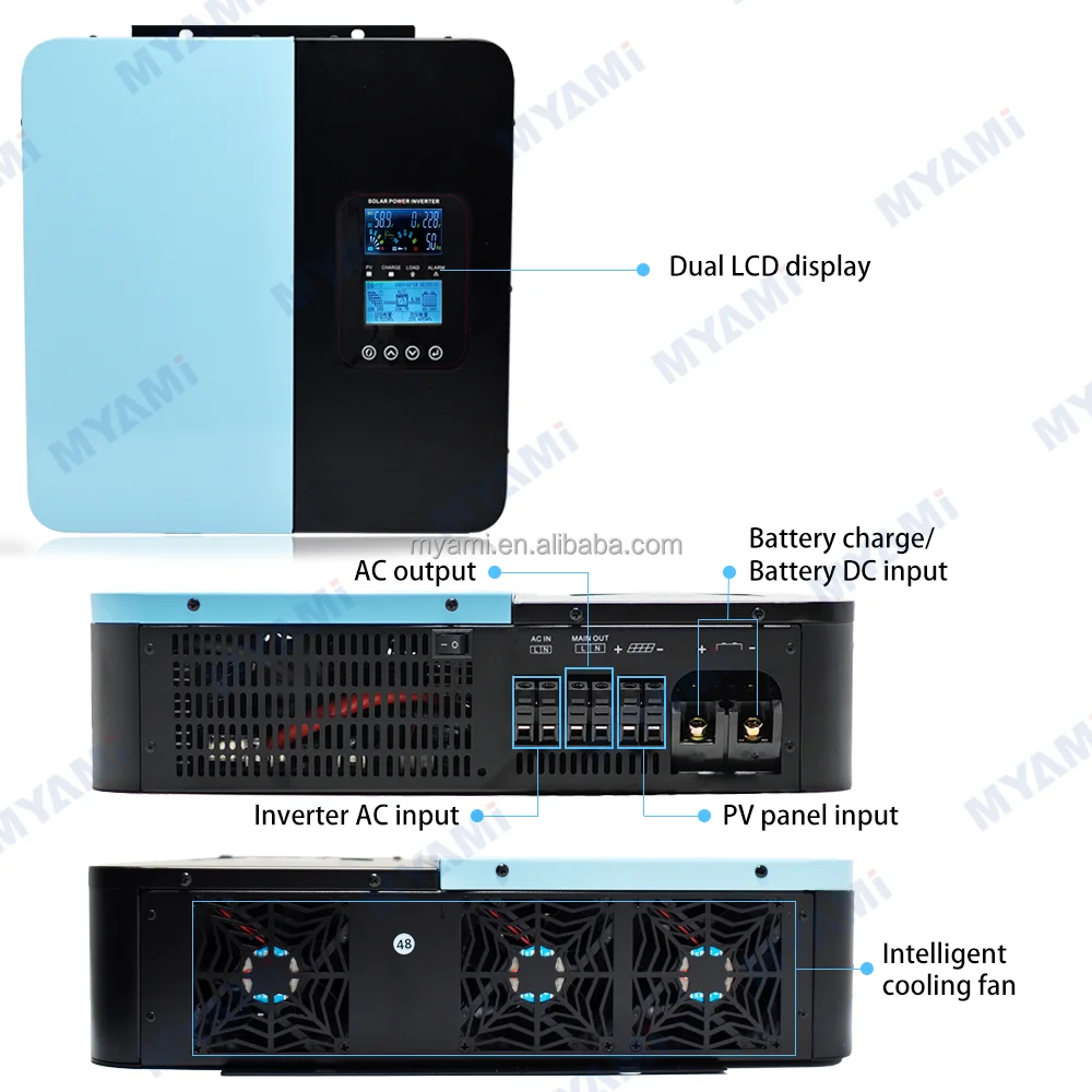 

Гибридный инвертор MYAMi 5000 Вт, 24В/48В/60В/72В/96В, с чистой синусоидой, контроллер заряда MPPT 60А, пиковая мощность 10000 Вт, для солнечных батарей и переменного тока