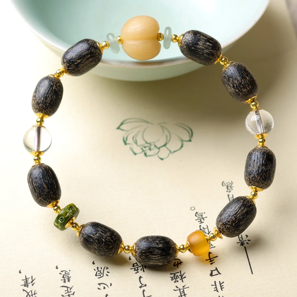 

Ant Agarwood Barrel Bead Bracelet with Bodhi Root Peach Natural White Crystal Wooden Wristband Gifts