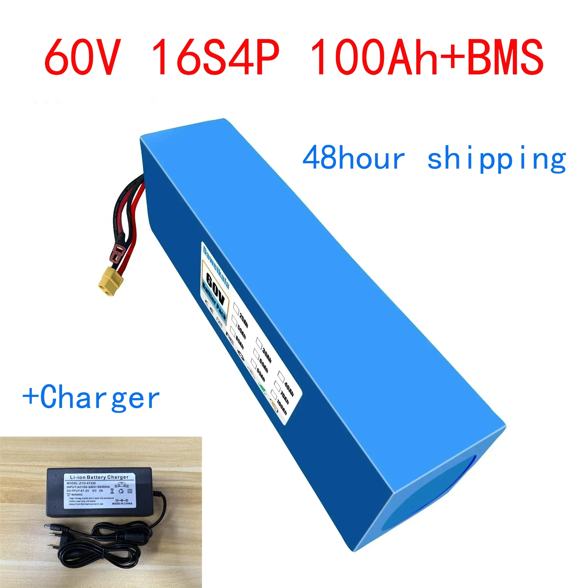 60V 16s4p 100Ah Lithium-Ionen-Akku 100000mAh 2000W elektrischer Akku, eingebautes 30A BMS+Ladegerät