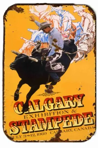 Vintage Calgary Stampede Rodeo  Metal Tin Sign Broncs Bull Roping Poster