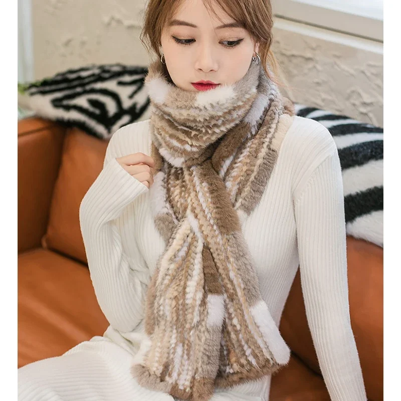 Real Mink Fur Knit Scarf for Women Winter Warm Fur Shawls Colorful Shoulder Warmer Long Mixed Hand-made Neck Warm Scarf