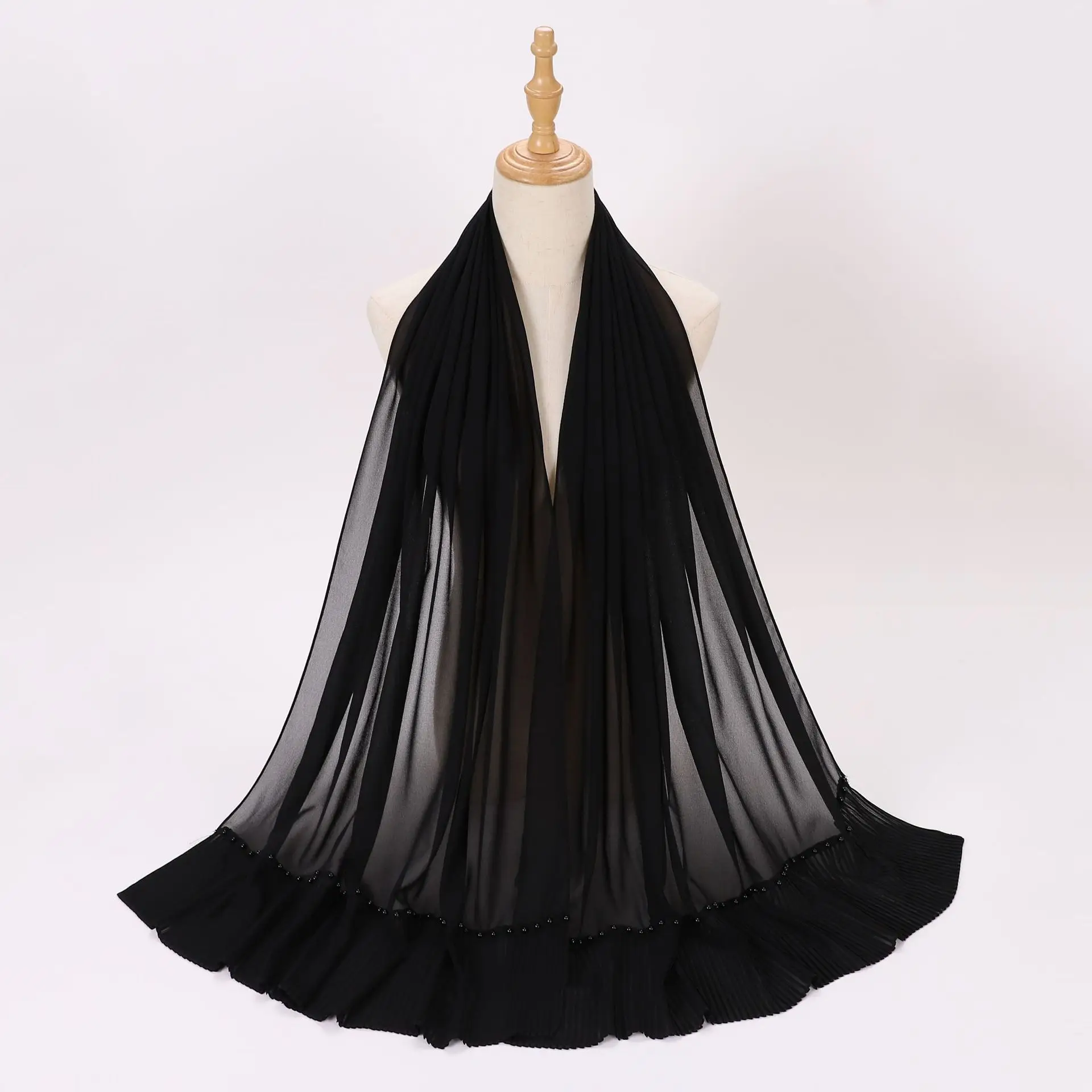 HUISHI New Head Scarf Headwraps For Women Fashion Pearl Chiffon Pleats Solid Color Malaysia Gauze Towel Bonnet Veil Muslin Hijab