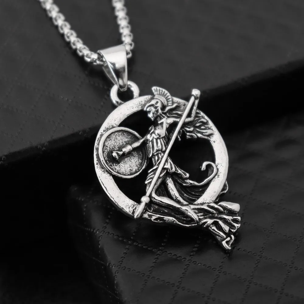 Unisex Greek Mythology Athena Pendant Necklace Retro Warrior Goddess Shield Spear Charm Neck Chain Punk Amulet Jewelry