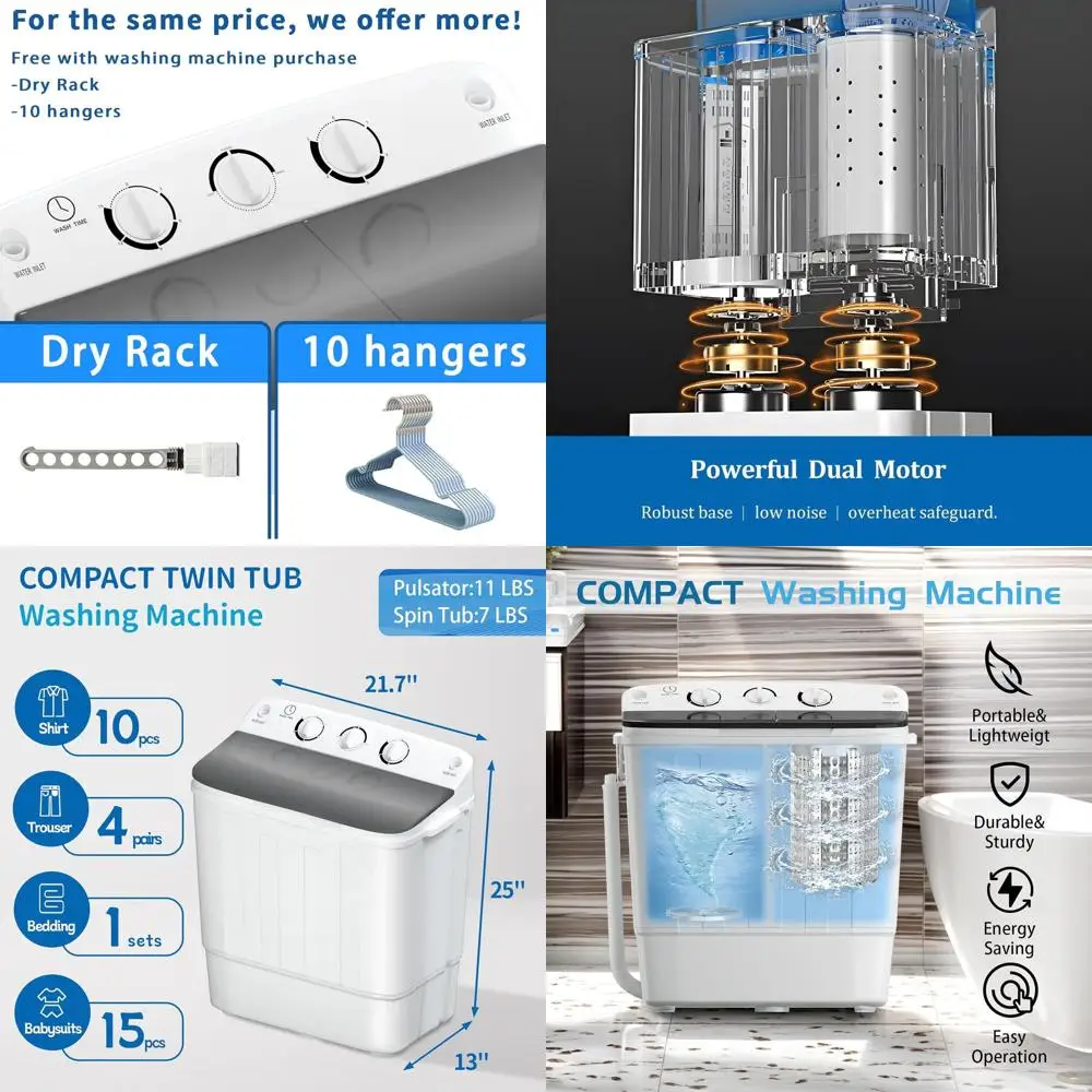

Компактная стиральная машина с двумя баками (18 фунтов) с сушильной стойкой и 10 вешалками, комбо: стиральная машина (11 фунтов) и центрифуга (7 фунтов) для небольших помещений