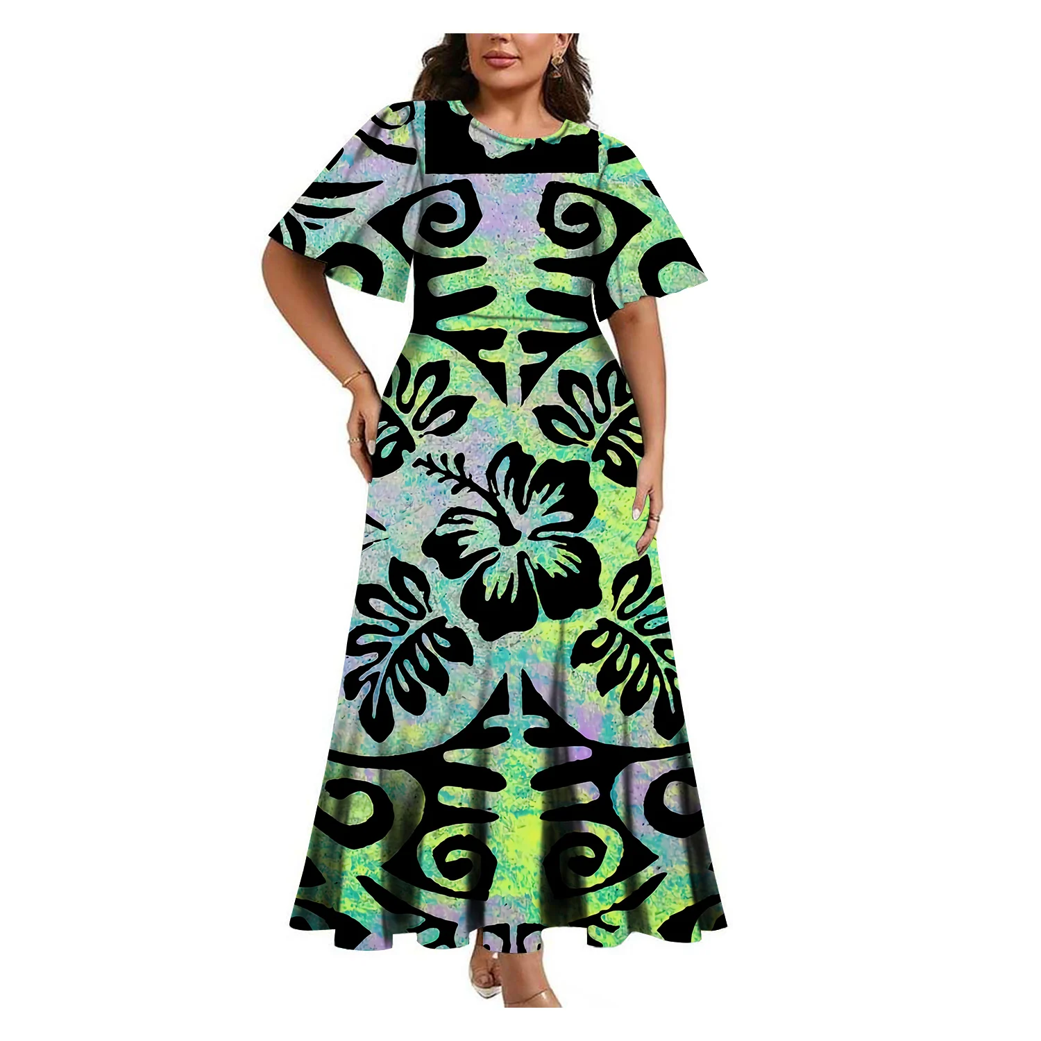 Polynesian Design Pattern Round Neck Loose Mid-Sleeved Cinched Waist Women'S Dress Casual And Fashionable Custom-Made