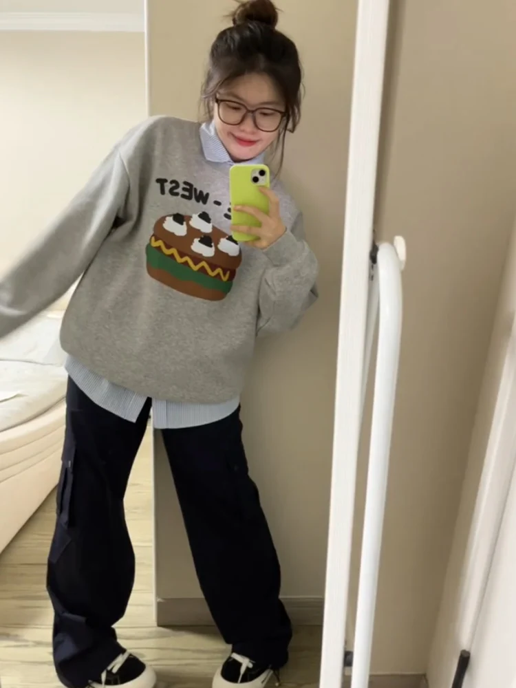 فضفاض جولة Ne هوديي المرأة ربيع الخريف كعكة برغر الكرتون البلوز مريحة كسول Sle ملابس خارجية عارضة الشارع الشهير #2