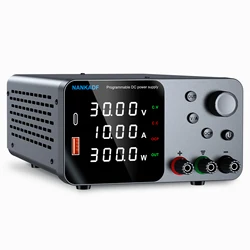 30V 10A Lab Adjustable DC Power Supply with 4-Digit LED Display; USB-A/Type-C 5V/3.6A Fast Charge with Encoder Adjustment