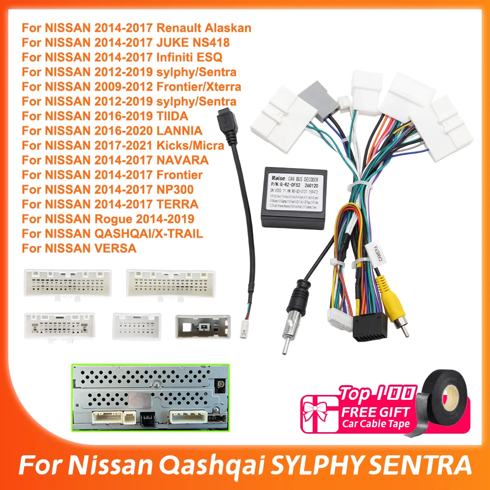 Cabo de Rádio Automotivo de 16 Pinos com Decodificador Canbus G-RZ-DF52 para Nissan Qashqai SYLPHY SENTRA KICKS X-Trail NAVARA Terra RZC