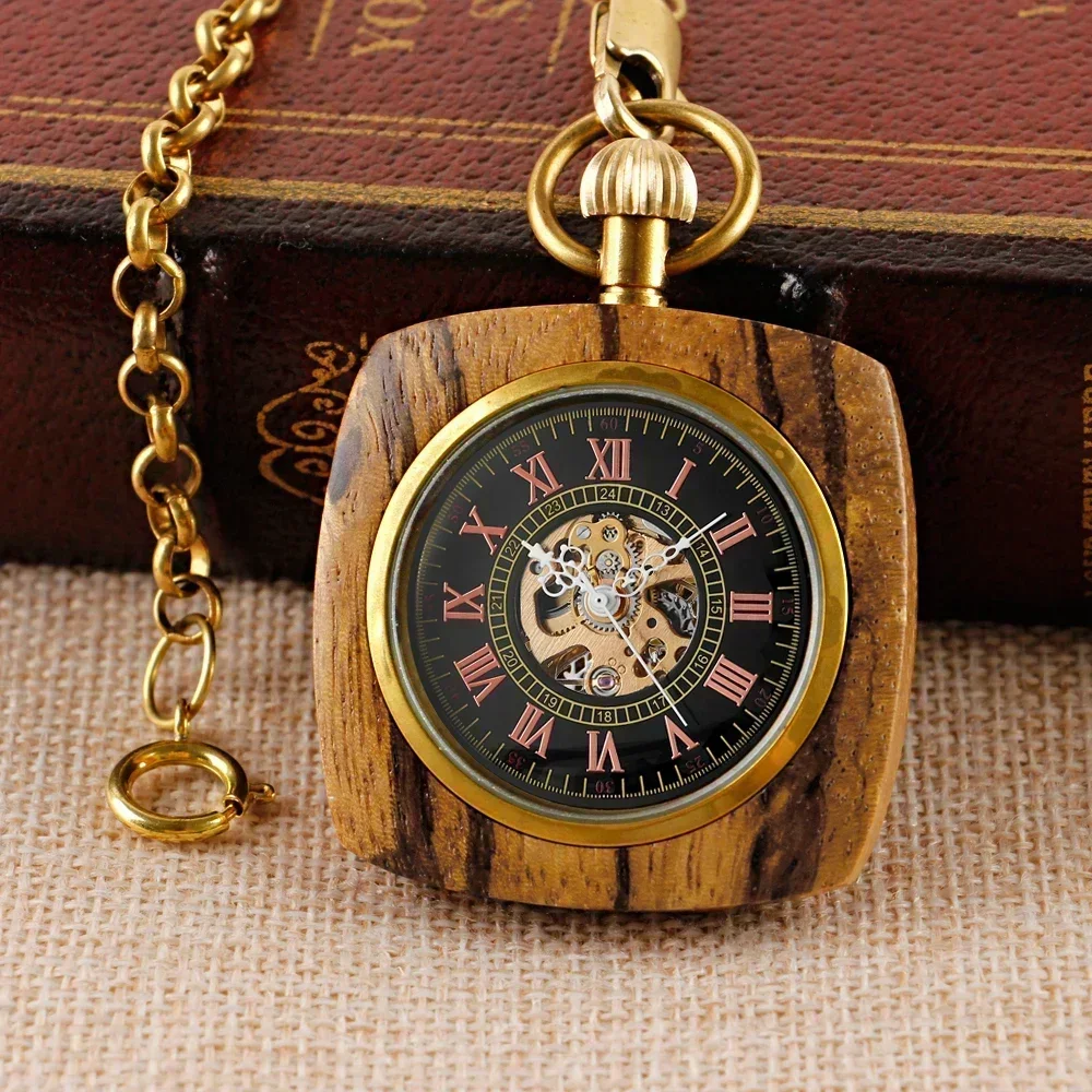 Creative Square Wood Pocket Watches Mechanical For Men Women Vintage Hand Wind Fob Watch 80cm Chain Art Collection