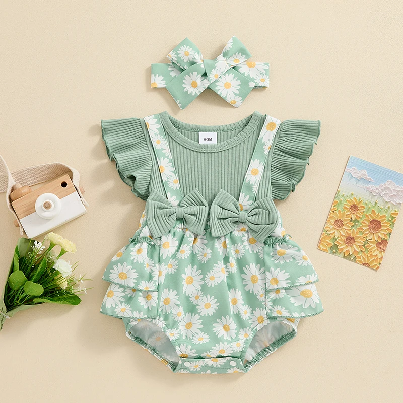 Baby Clothing Girl Outfits Floral Print Ribbed Fly Sleeve Bowknot Patchwork Layered Jumpsuits Headband Newborn Clothes