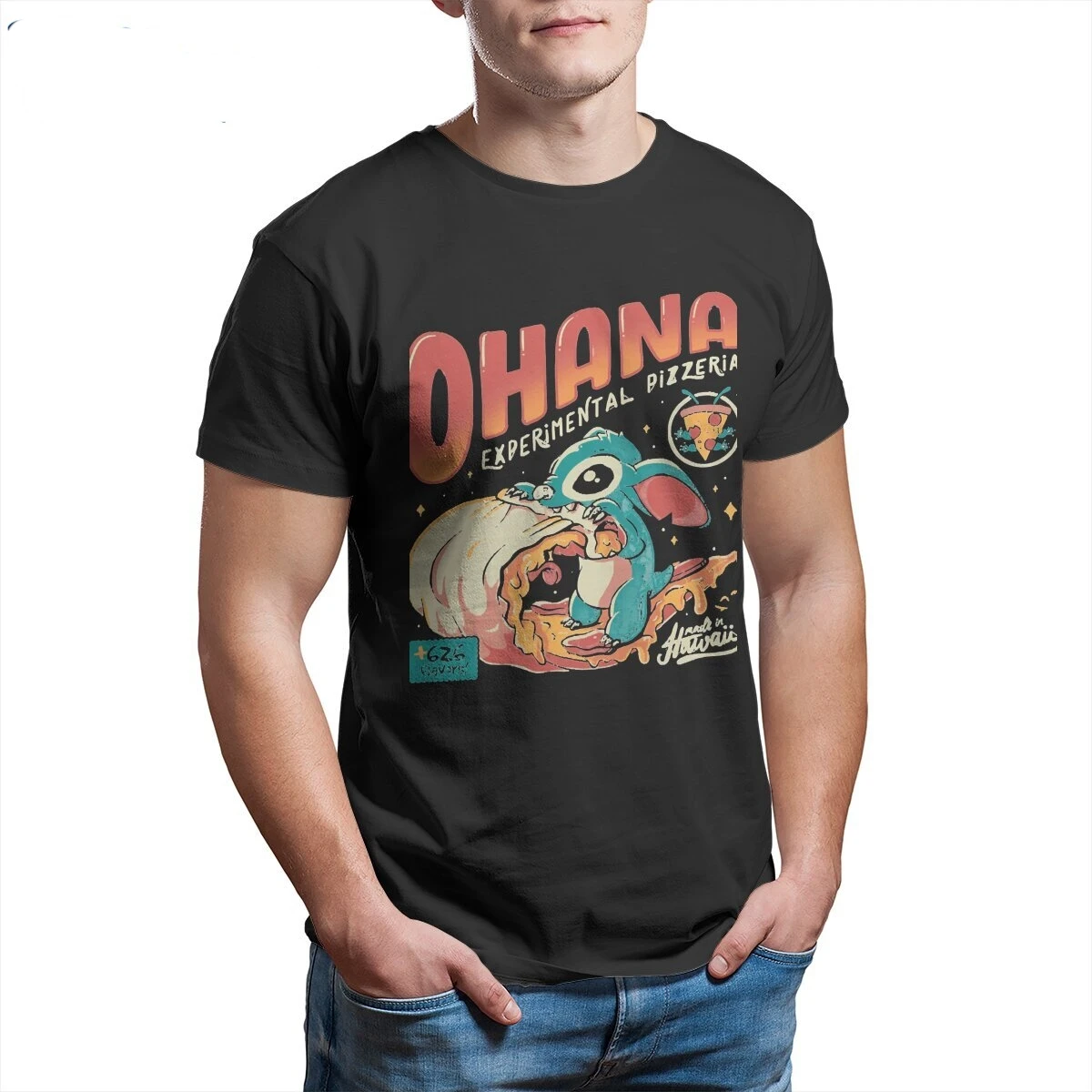  Stitch Ohana Pizzeria  Men T Shirt  Humor Tee Shirt Short Sleeve Crewneck T-Shirts 100% Cotton Gift Idea Tops