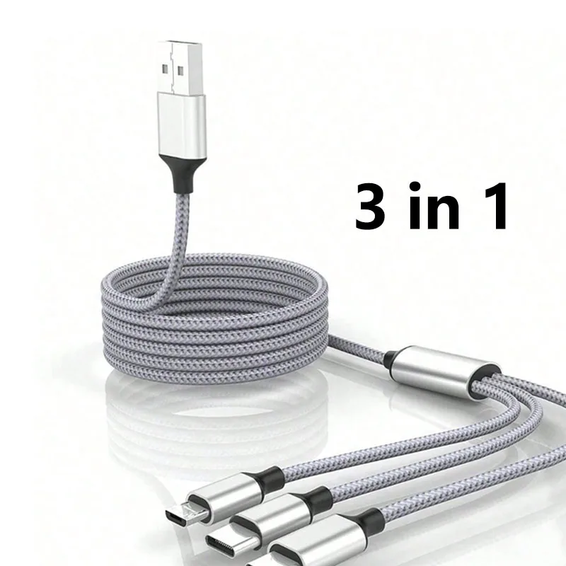 3-In-1 Braided Nylon Data Cable, 120cm/1.2m Long, Supports USB To Type-C, IP And Micro USB, Fast Charging