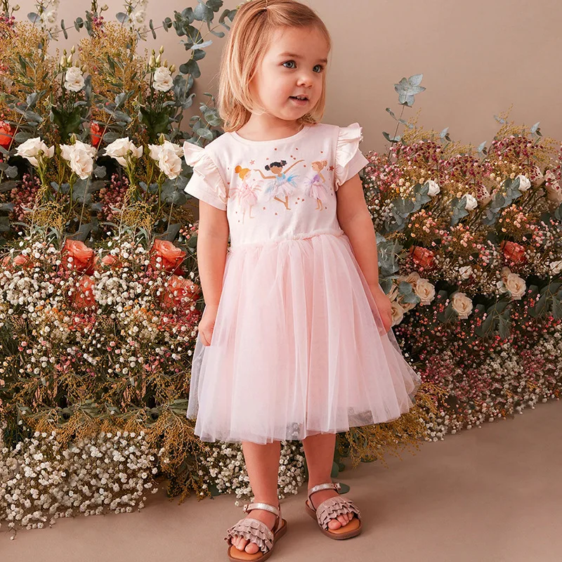 2024 New Summer Girls Dress Cotton Cartoon  Splicing Mesh Party Princess Dresses For 3-6 Years Girls Birthday Clothes