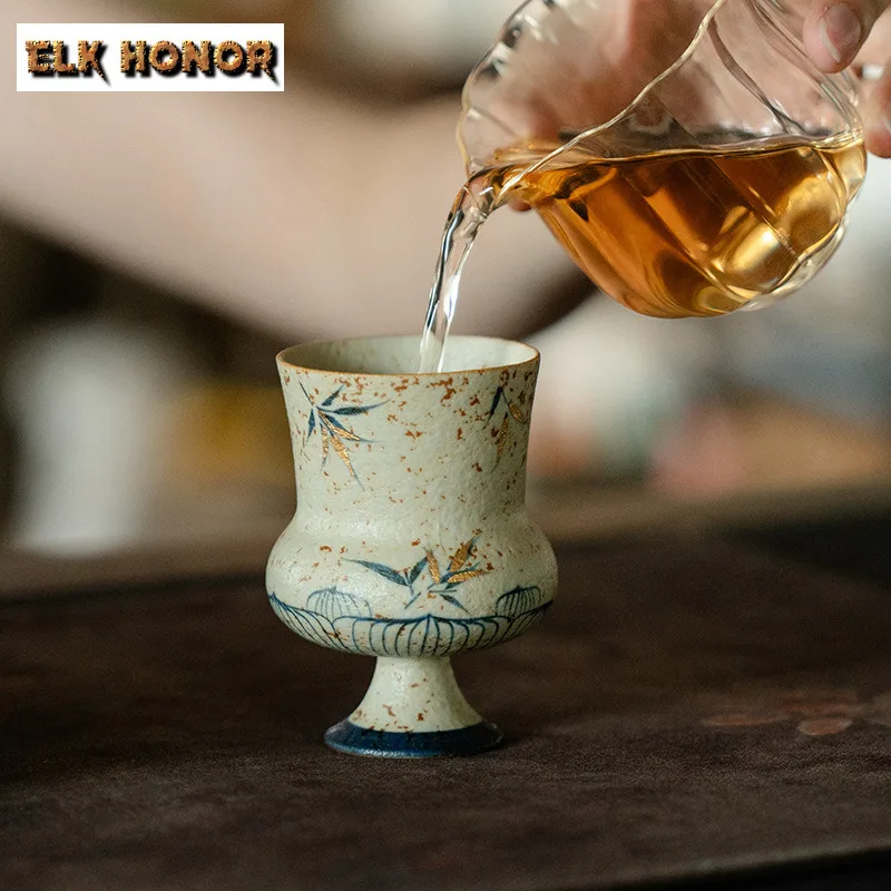 85ml Hand-painted Bamboo Shadow High Foot Teacup Vintage Tea Bowl Tea Pair Tea-tasting Fragrance Cup Chazhan Master Cups Teaset