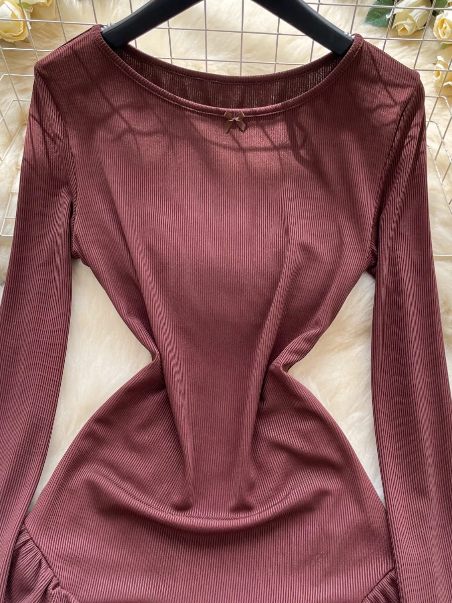 Foamlina francês vintage manga longa vestido de malha outono fino ajuste sofisticado projetado elegante em camadas mini saia vestido