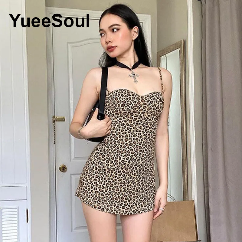 Brown Women Mini Dress Leopard Sexy Sleeveless Slim Summer Dresses Y2K Vintage High Street Casual 2024 New Evening Dresses