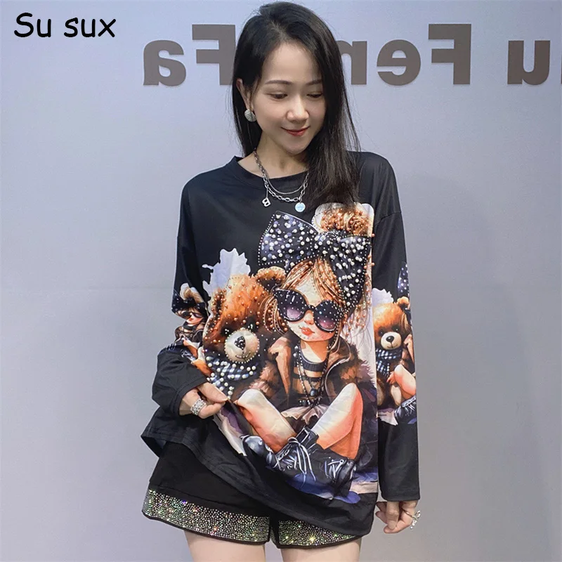 

Футболка с длинными рукавами и принтом медведя из мультфильма, женские топы, майки Y2k, повседневные футболки с круглым вырезом, Vestidos 118 см, уличная одежда 2025