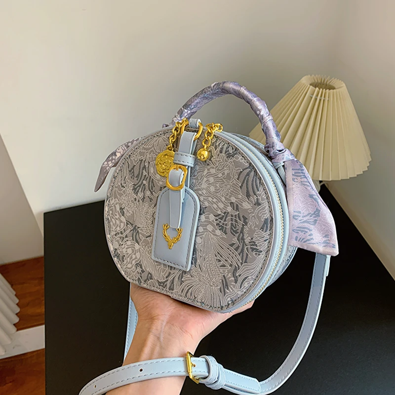 Small Round Handbag Ethnic Style Jacquard Embroidery Canvas Shoulder Bag For Women 2023 New Designer Mini Crossbody Bag Bucket