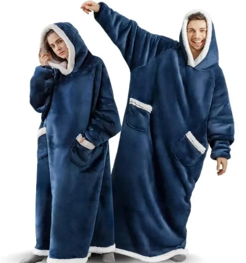150cm Super Long Flannel Blanket Pyjamas with Sleeves Winter Hoodies Sweatshirt Women Men Pullover Fleece Giant Oversized Outdoo