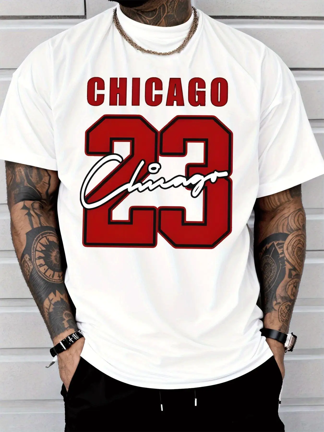 Men's Short-sleeve Fashion Casual Trendy Street Style Printed T-shirt, Featuring the Word CHICAGO, the Red Number 23, and a White Signature Pattern.It Is an Adult Men's Sportswear Item, Suitable for Daily Casual Wear, Outings, and Sports Occasions
