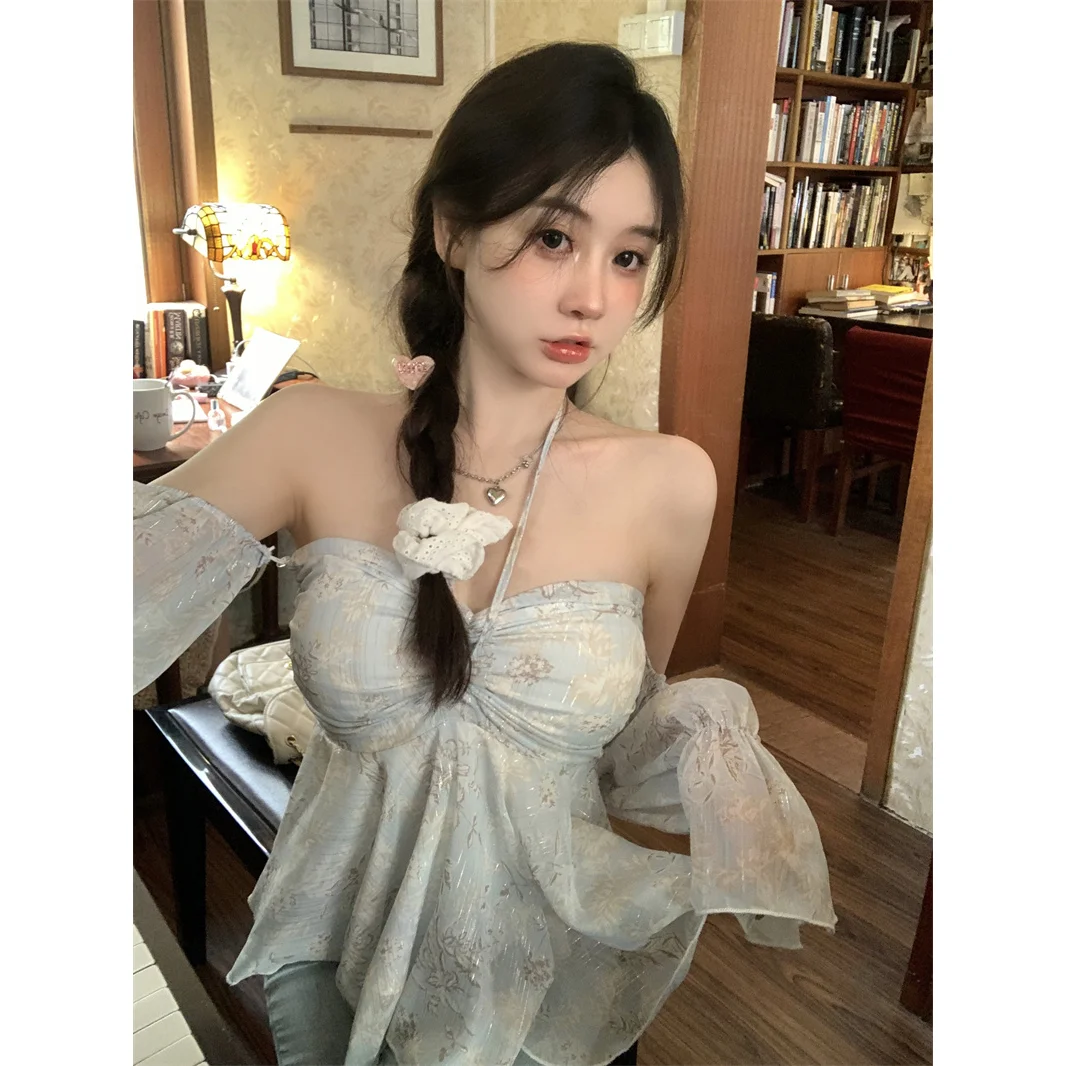 

Korejpaa Hanging Neck Floral Chiffon Shirts Women Summer French Style Off Shoulder Slimming Sexy Top Gentle Fashion Blouses