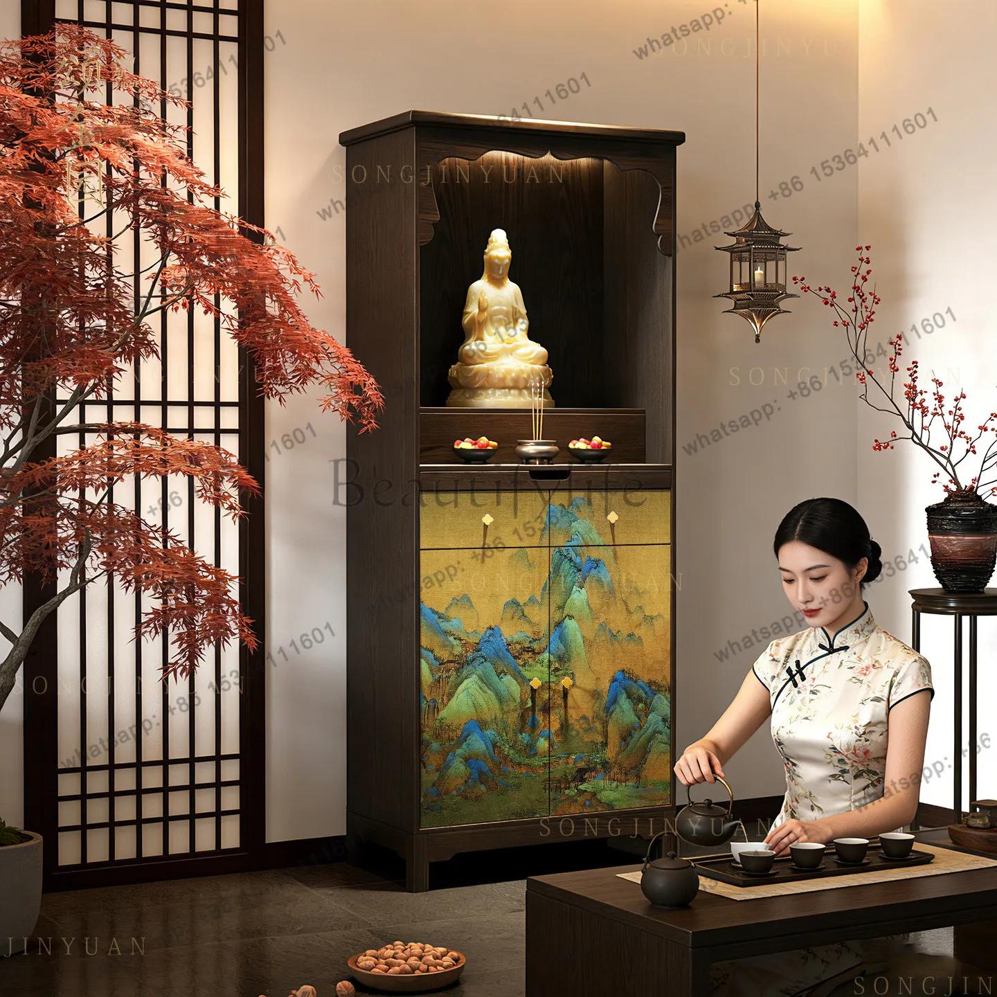 LX solid wood new Chinese style Thousand-Mile Rivers and Mountains Standing Cabinet, Zen-style Buddhist altar cabinet