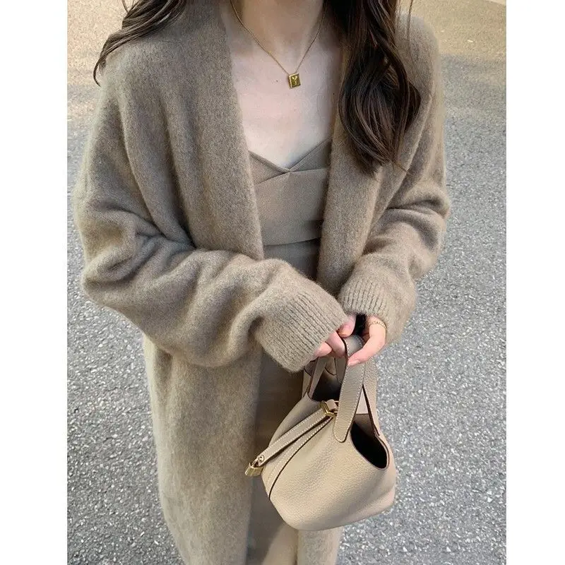 

Autumn Winter Women's Solid Mid Length Sweater Retro Gentle Thick Knitted Loose Over Knee Cardigan Coat For Women