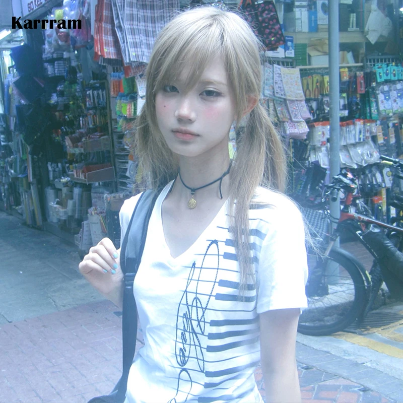Karrram Japanese Y2k Piano Key Print T-shirt Vintage Harajuku V-neck Tops Trashy 2000s Style Short Sleeve T Shirt American Retro