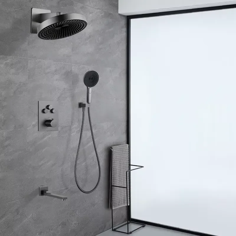 High-End Wall Mounted Concealed Shower System, Polished Brass Rain Shower Head with Hot Cold Mixer for Hotel Use