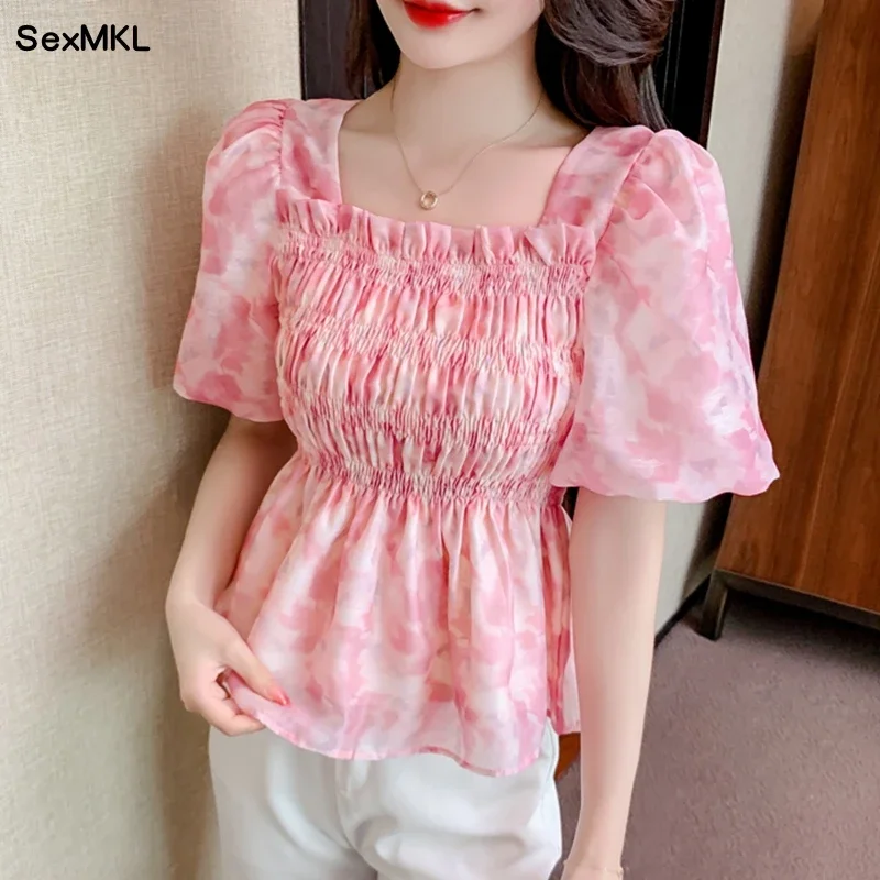 Summer Chiffon Vintage Blouses Women 2024 Korean Fashion Clothing  Blusas Casual Slim Printed Puff Sleeve Corset Ladies Tops y2k