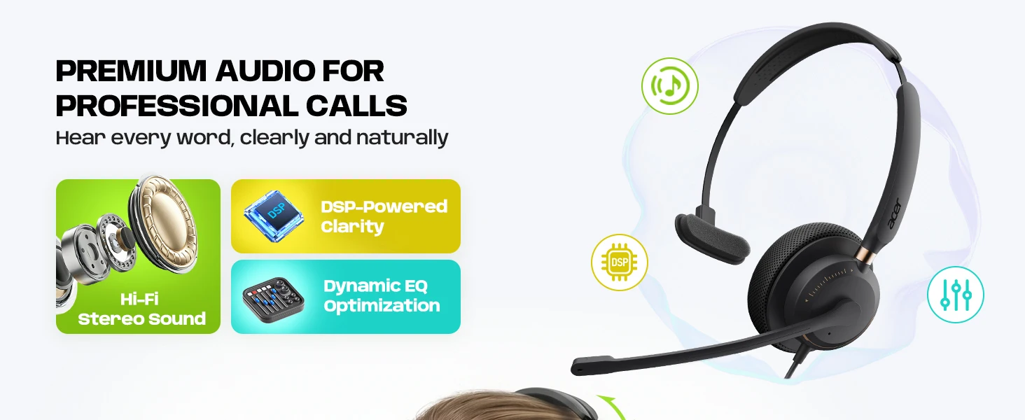 Acer USB-A/C & 3,5-mm-Stereo-Kabelgebundene Computer-Headsets mit Geräuschunterdrückendem Mikrofon und In-Line-Steuerung, kompatibel mit Teams, Zoom, UC – Detail 8